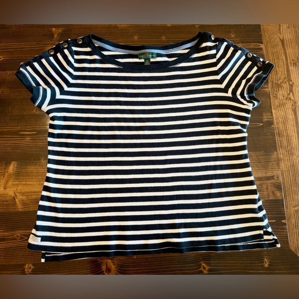 Lauren Ralph Lauren Navy and White Striped Short Sleeve Tee - Picture 3 of 9